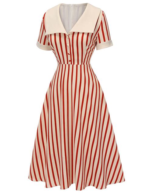 Red 1940s Lapel Vertical Stripes Dress Retro Stage