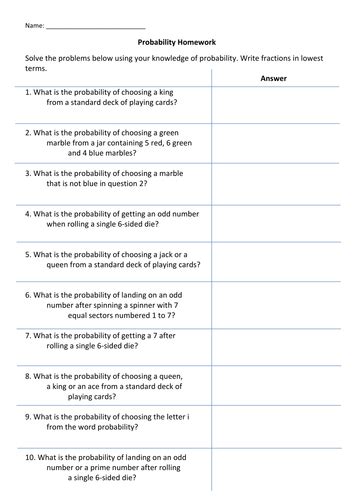 Basic Probability Worksheet Teaching Resources