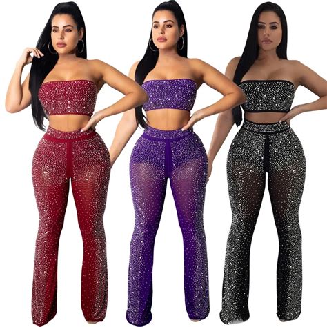 Sparkly Rhinestone Splice Sexy 2 Piece Set Strapless Crop Top And High Waist Long Flare Pants