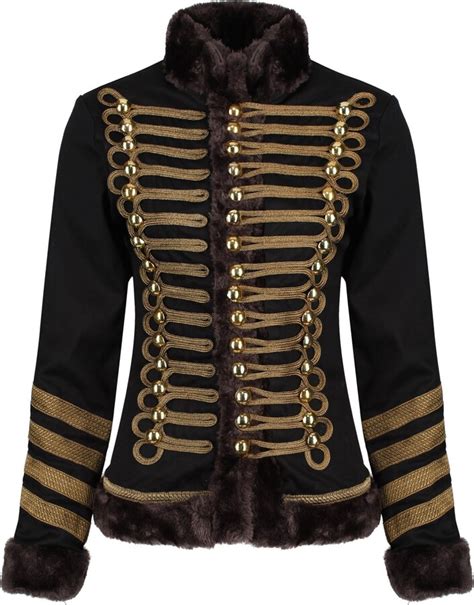 Ro Rox Womens Military Parade Jacket Black Shimmering Brown Trims