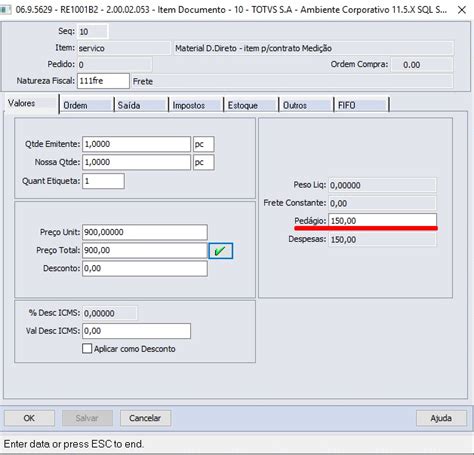 Cross Segmentos Linha Datasul MRE Tratamento do Pedágio no