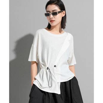 Toloer Women White Irregular Drawstring Big Size T Shirt New Round Neck