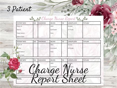 Charge Nurse Report Sheet Vintage Rose Nurse Report Nurse Brain Charge