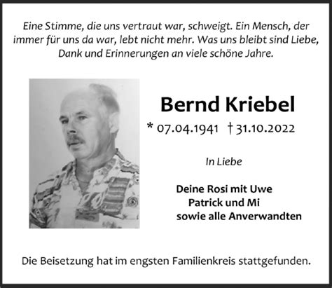 Traueranzeigen Von Bernd Kriebel Wirtrauern