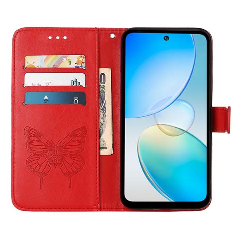 For Infinix Hot 12i X665 Embossed Butterfly Flip Leather Phone Case Red Alexnld