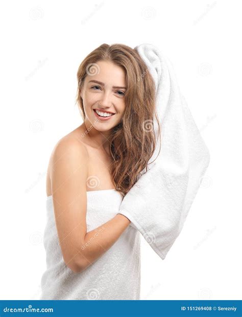 Beautiful Young Woman Wiping Hair With Towel After Shower On White