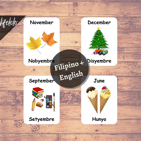 Months Of The Year Filipino Flash Cards 12 Bilingual Cards Montessori Printable Preschool