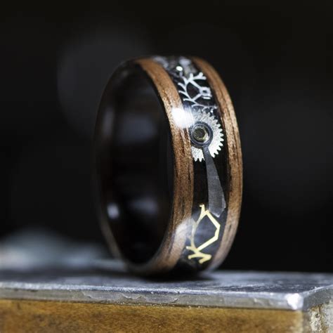 Walnut Wood Ring Lined With Ebony Inlaid With Watch Parts Steampunk