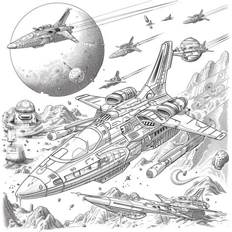 A Drawing Of A Space Ship Flying Over A Planet With Other Ships