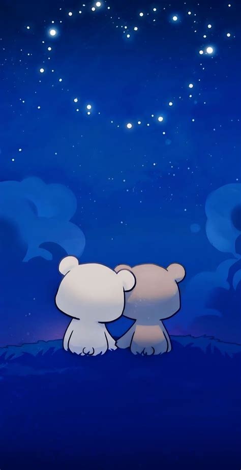 Two Teddy Bears Standing Next To Each Other In The Night Sky