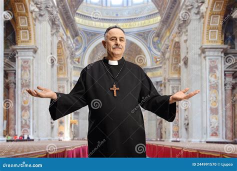 Priest Spreading Arms In A Cathedral Stock Photo Image Of Basilica