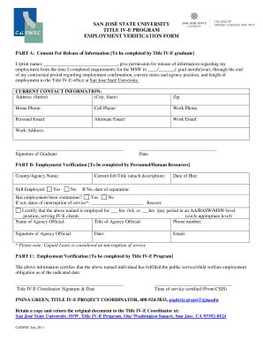 Fillable Online Sjsu Employment Verification Form PDF San Jose