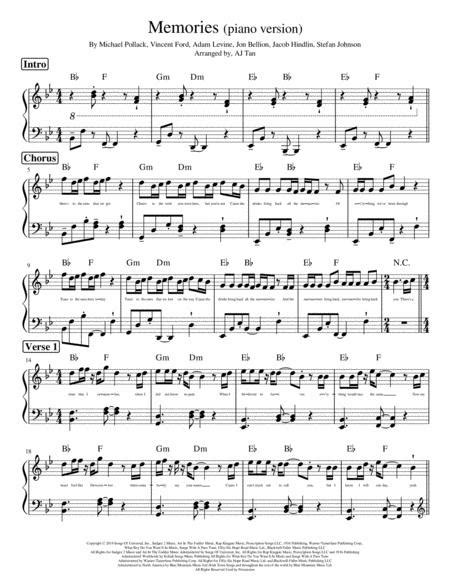 Memories By Maroon 5 Piano Version By Maroon 5 Digital Sheet Music