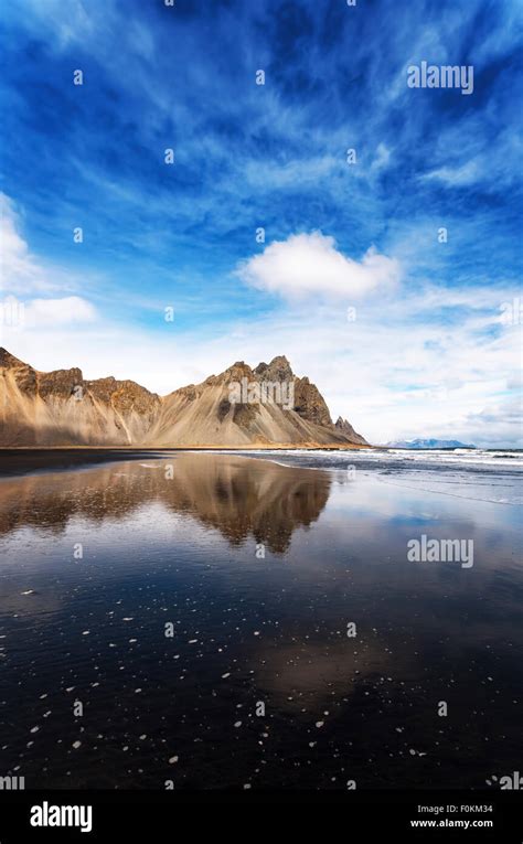 Iceland, Stokksnes, Vestrahorn Mountains, black sand beach Stock Photo ...