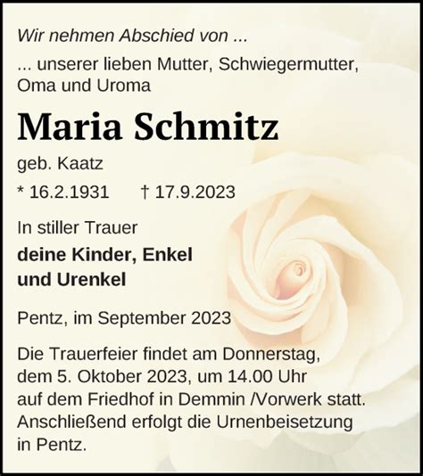 Traueranzeigen Von Maria Schmitz Trauer Nordkurier