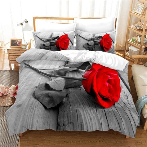 Rose Polyester Duvet Cover Set King Full Size Red Blossom Flowers 3d Printed Tic For Women