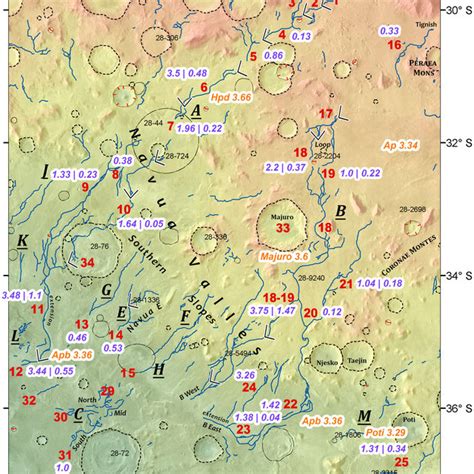 Model ages of channels and individual craters from crater counting. Red... | Download Scientific ...