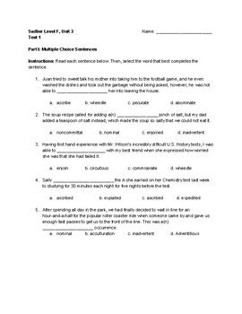 Sadlier Level F Unit Multiple Choice Test By Stop Vocab Tpt