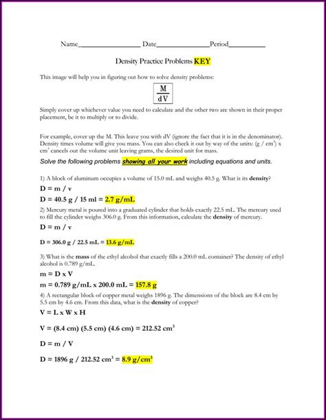 Density Worksheet Answer Key Englishworksheet My Id