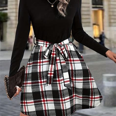 Plaid Print Splicing Dress Casual Crew Neck Long Sleeve Dress Womens