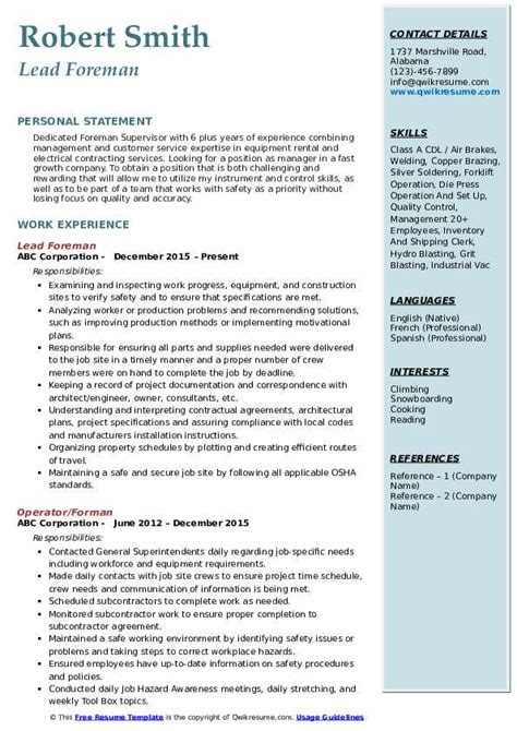 Foreman Resume Samples Qwikresume