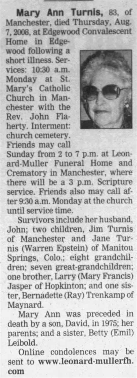 Obituary For Mary Ann Turnis Aged 83 ™