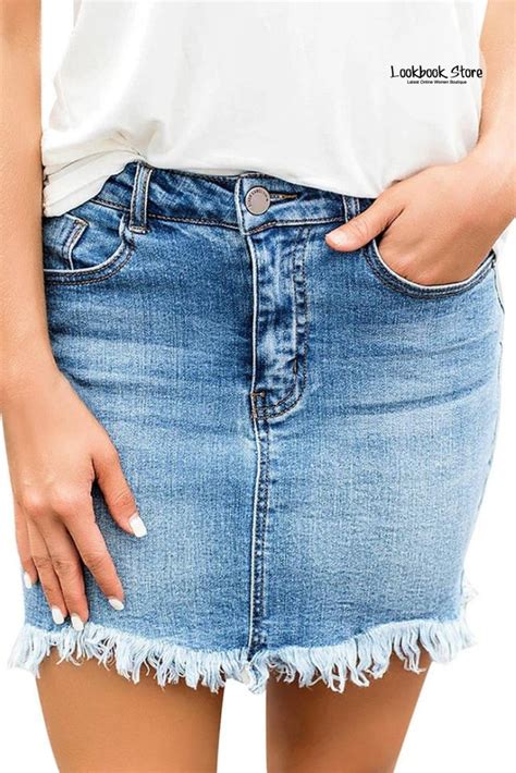 Light Blue Frayed Hem Washed Denim Mini Skirt Mini Skirts Skirts