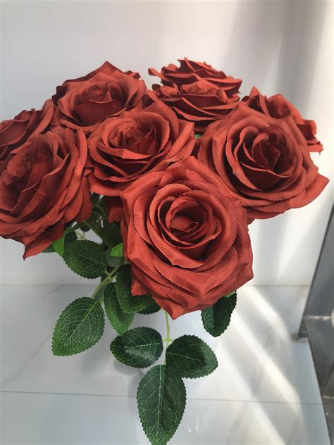 Burnt Orange Rose With Long Stems Artificial Silk Flowers Etsy