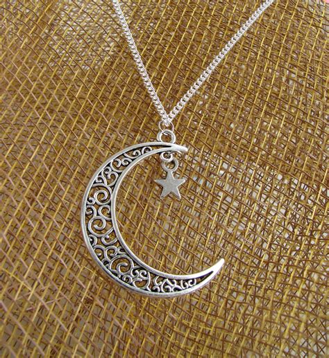 Crescent Necklace Silver Plated Crescent And Star Necklace Etsy