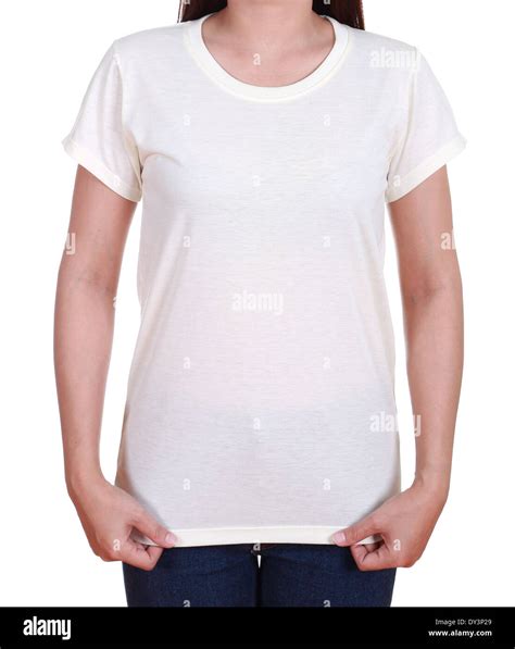 Blank White T Shirt On Woman Isolated On White Background Stock Photo