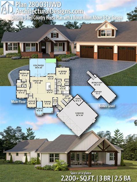 Dreamy Bed Country House Plan With A Bonus Room Above Car Garage