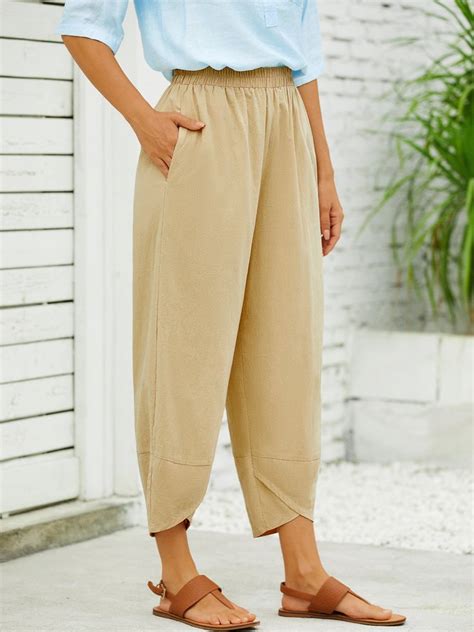 Plain Loosen Cotton Casual Elastic Band Pants Noracora