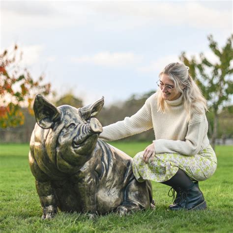 Stunning Life Size Sitting Pig Garden Sculpture Aluminium Outdoor