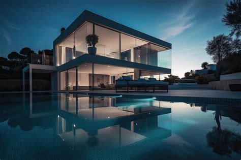 Villa contemporánea con piscina y jardín en hora azul ai generativo