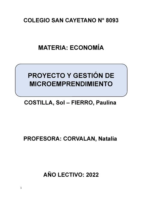 Economia Microemprendimiento Colegio San Cayetano N Materia