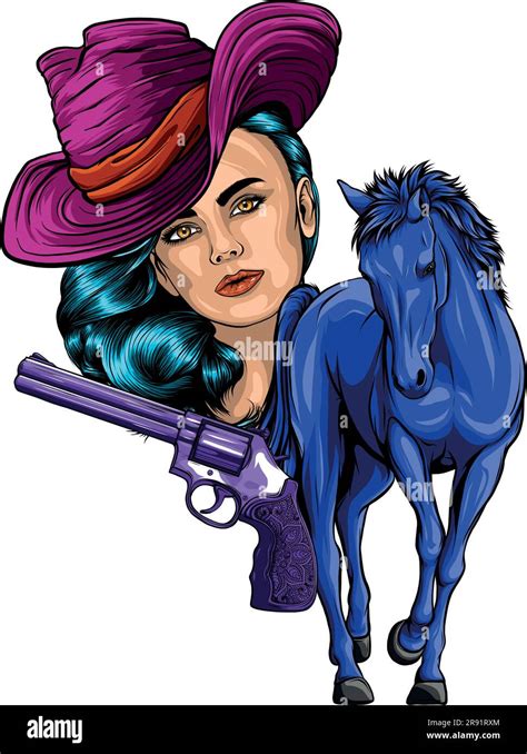 cowgirl woman wearing cowboy hat and with wild mustang horse head vector Stock Vector Image ...