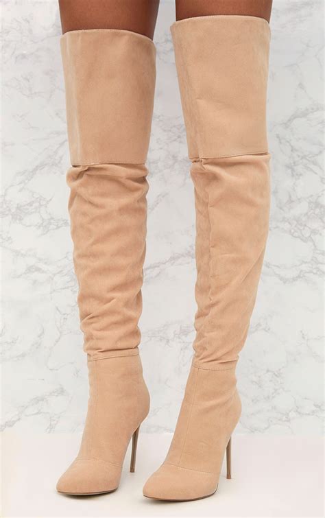 Nude Faux Suede Thigh High Heeled Boots Prettylittlething