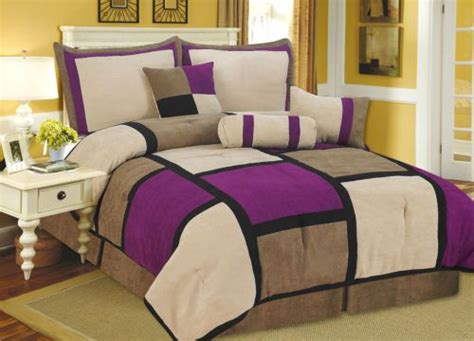 7 Pieces Brown Purple And Black Suede Patchwork Comforter Bedding Set