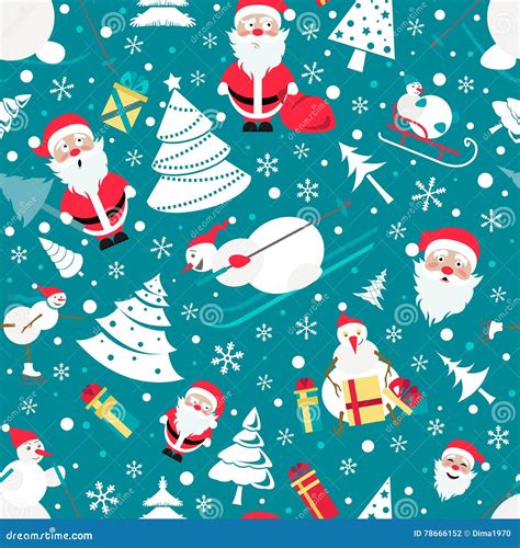 Christmas Seamless Pattern Colour Flat Design With Santa Claus Stock