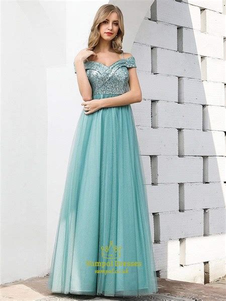 Dusty Blue Sequin Top Tulle Bottom V Neck Sleeveless Tulle Prom Dress