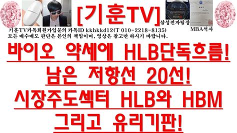 주식투자 Hlb바이오 약세에 Hlb단독흐름남은 저항선 20선시장주도섹터 Hlb와 Hbm그리고 유리기판 Youtube