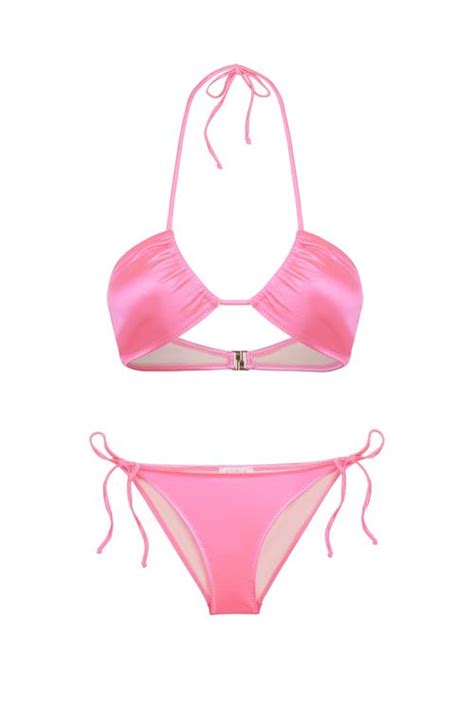 Halter Yaka Saten Pembe Bikini Tak M