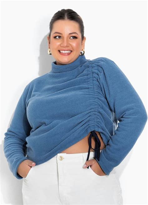 Casaco Azul Cordão Ajustável Plus Size Marguerite