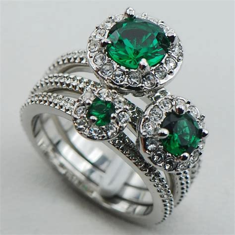 Simulated Emerald 925 Sterling Silver Top Quality Fancy Jewelry Engagement Wedding Three Ring