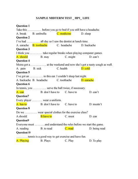 Sample Midterm Test Hp Life Sample Midterm Test Hp Life Question