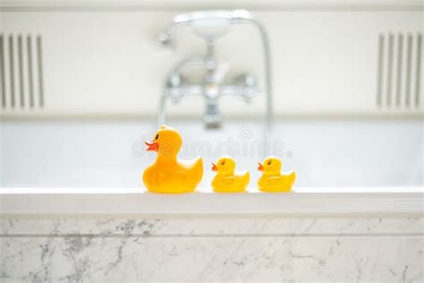 Selective Focus Shot of Cute Yellow Rubber Bath Ducks in a Row in a ...