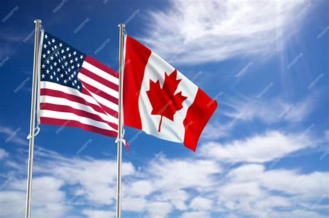 Bandeiras Dos Estados Unidos Da América E Do Canadá Sobre A Ilustração 3d Do Fundo Do Céu Azul