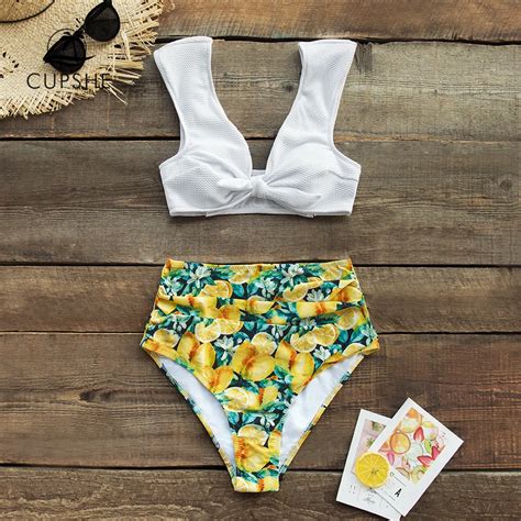 Cheap Cupshe Sweet Lemon High Waisted Bikini Sets Women Sexy Bow Knot Tank Top Swimsuits Two