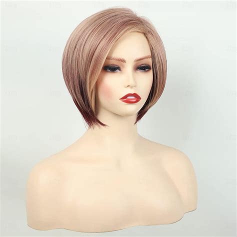 Side Part Short Layered Bob Wigs For White Women Blonde Mixed Brown Cute Straight Pixie Bob Wig