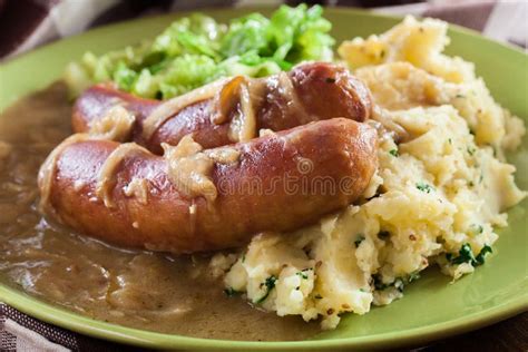 Bangers And Mash Baked Sausage In Onion Gravy Stock Photo Image Of